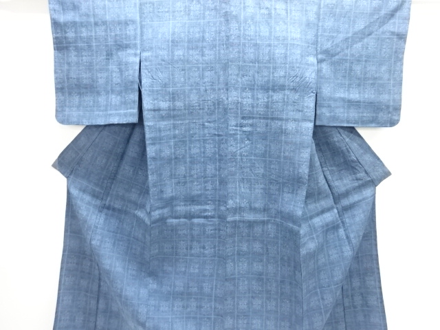 JAPANESE KIMONO / ANTIQUE HITOE KIMONO / TAISHO ROMAN STYLE / SILK / MAWATA OJIYA TSUMUGI / WOVEN GRID & FLOWERS